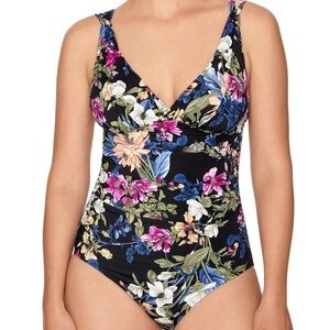 Time and Tru Black Floral One Piece Full Coverage Deep Dive Swim Suit Medium